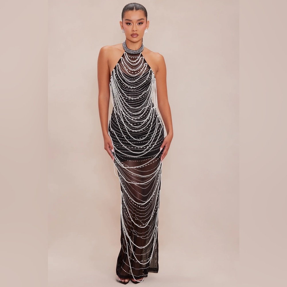 Chloe Embellished Pearl Maxi Dress in Black (NWT)